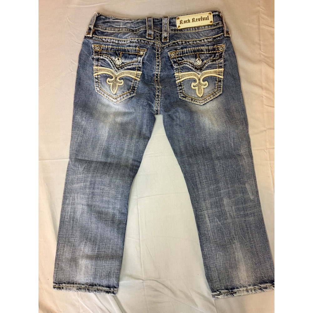 Rock Revival Celine Capri Jeans Womens 29 Blue Distressed Embroidered  Denim - Picture 2 of 10